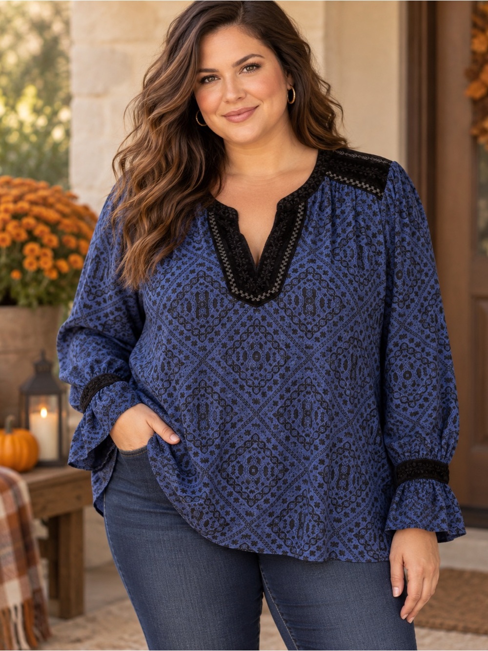 Lucky Brand 3X Blue Black Boho Velvet Trim Embroidered Peasant Top Plus Size